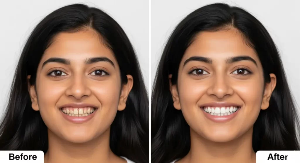 Before And After Smile Makeover Results Of A Young Indian Woman Showing Improved White Aligned Teeth At Dr Teeth Luxury Dental Surat Mota Varachha 16 9 3